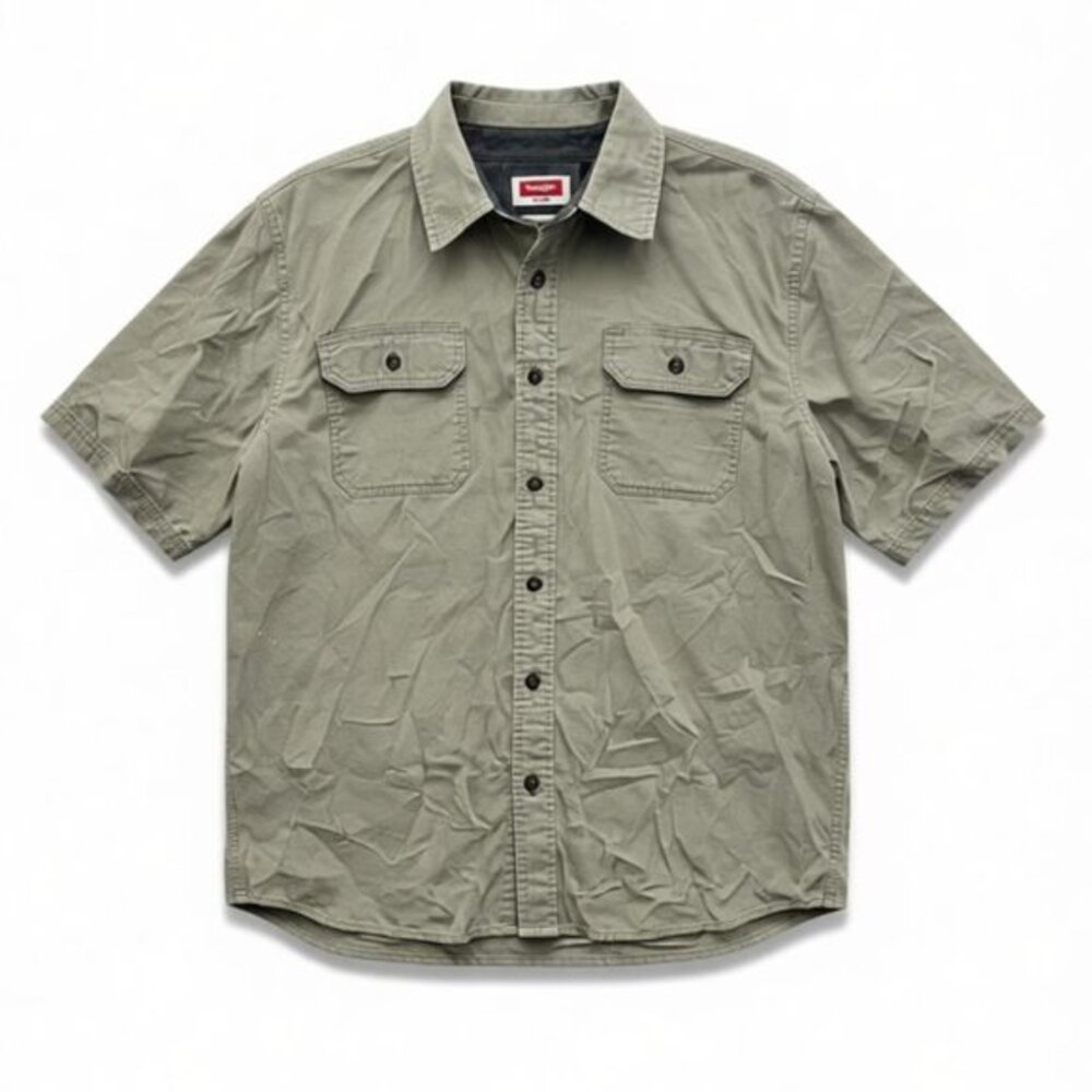 Wrangler Flex Comfort Shirt‎ L Khaki/Green Utility Short Sleeve Stretch Casual